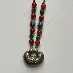 Mongolian Sterling and semi precious gemstone tribal necklace.